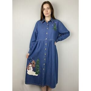 Vintage Haik’s Holiday Denim Long Sleeve Midi Dress 1X Snowman Christmas Tree